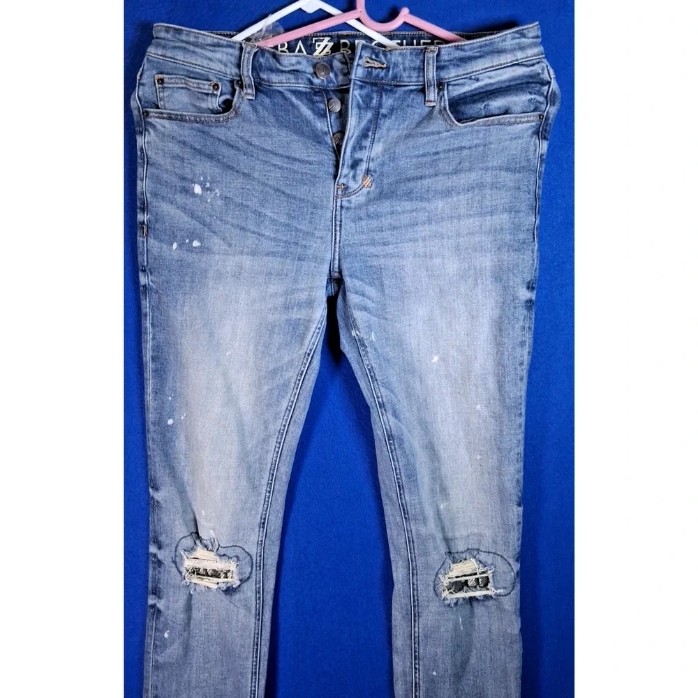 Shabaz Brothers Mens Skinny Jeans 34 Distressed Ripped Paint Splatter Blue Denim
